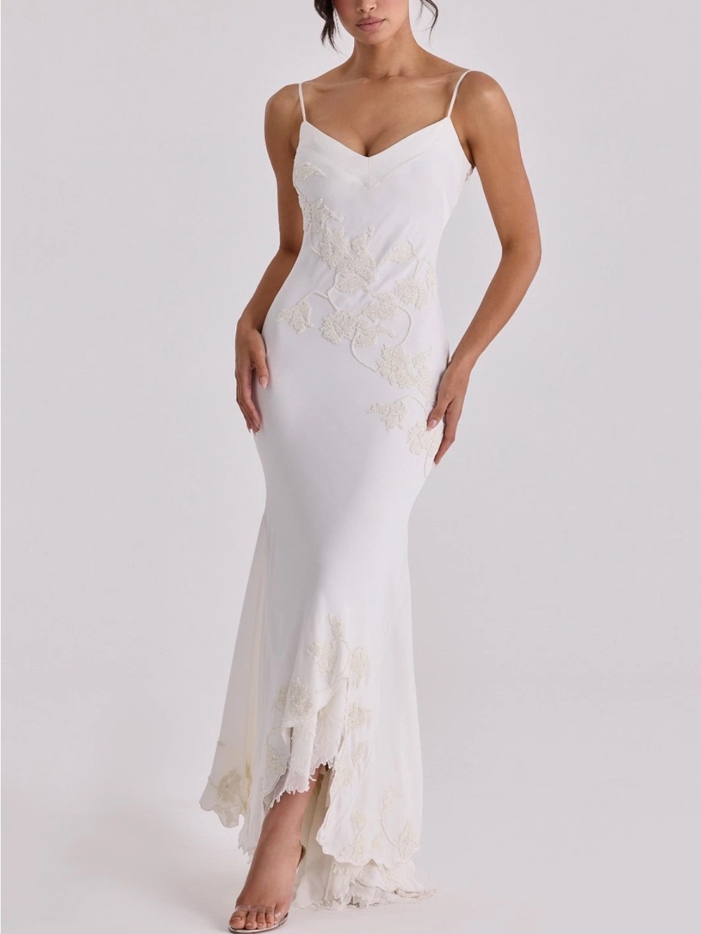 House of CB Anastelle vintage ivory satin hand beaded maxi dress